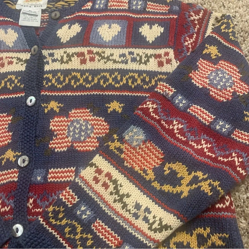 Talbots Americana Hearts Vintage 90s Linen Blend Hand Knit Cardigan Sweater - Picture 2 of 13